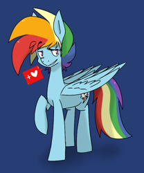 Size: 688x826 | Tagged: safe, artist:raijuri, imported from derpibooru, rainbow dash, pegasus, pony, blue background, heart, male, one hoof raised, pictogram, rainbow blitz, raised eyebrow, raised hoof, rule 63, simple background, solo, stallion