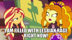 Size: 600x337 | Tagged: safe, edit, edited screencap, imported from derpibooru, screencap, adagio dazzle, sunset shimmer, equestria girls, equestria girls series, sunset's backstage pass!, spoiler:eqg series (season 2), caption, image macro, memeful.com, text