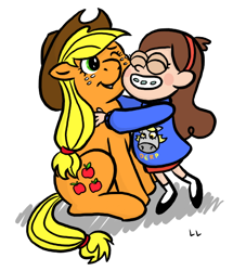 Size: 500x550 | Tagged: safe, artist:crypticannelid, imported from derpibooru, applejack, earth pony, human, pony, crossover, eyes closed, gravity falls, grin, hug, hugging a pony, mabel pines, one eye closed, simple background, smiling, white background