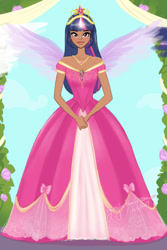 Size: 540x810 | Tagged: safe, artist:yunyin, imported from derpibooru, twilight sparkle, human, beautiful, big crown thingy, clothes, coronation dress, dark skin, dress, element of magic, female, gown, horn, horned humanization, humanized, jewelry, moderate dark skin, regalia, solo, winged humanization, wings