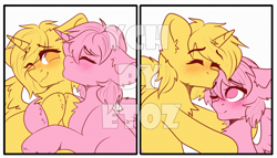 Size: 3500x2000 | Tagged: safe, artist:etoz, imported from derpibooru, oc, oc only, pony, advertisement, auction, auction open, blushing, cheek kiss, commission, eyes closed, generic pony, happy, high res, horn, kiss on the cheek, kissing, one eye closed, one eye open, smiling, wings, ych example, your character here, your character here auction