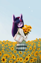 Size: 1500x2315 | Tagged: safe, artist:mrscroup, imported from derpibooru, twilight sparkle, anthro, bird, unicorn, clothes, field, flower, glasses, looking at you, looking back, looking back at you, purse, solo, sunflower, unicorn twilight