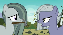 Size: 1920x1080 | Tagged: safe, imported from derpibooru, screencap, limestone pie, marble pie, earth pony, pony, the maud couple, eye contact, female, looking at each other, mare, mouth hold, open mouth, pickaxe, pie sisters, rock, rock farm, siblings, sisters, tree