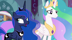 Size: 1920x1080 | Tagged: safe, imported from derpibooru, screencap, princess celestia, princess luna, alicorn, pony, the beginning of the end, crown, female, jewelry, mare, regalia, royal sisters, siblings, sisters