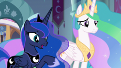 Size: 1920x1080 | Tagged: safe, imported from derpibooru, screencap, princess celestia, princess luna, alicorn, pony, the beginning of the end, crown, female, hoof shoes, jewelry, mare, regalia, royal sisters, siblings, sisters