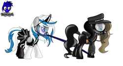 Size: 7680x4154 | Tagged: safe, artist:damlanil, imported from derpibooru, oc, oc:chocolate fudge, oc:lady lightning strike, earth pony, pegasus, pony, blindfold, bodysuit, bondage, bound wings, bridle, choker, clothes, commission, duo, female, gag, gas mask, hypnogear, hypnosis, latex, latex dress, latex suit, maid, maid headdress, mare, mask, military uniform, mind control, muzzle gag, reins, rubber suit, shiny, show accurate, simple background, tack, transparent background, uniform, vector, visor, wings