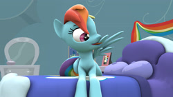 Size: 3840x2160 | Tagged: safe, artist:wissle, imported from derpibooru, rainbow dash, pegasus, pony, 3d, bed, female, grooming, happy, high res, mare, preening, rainbow dash's bedroom, rainbow dash's house, smiling, solo, source filmmaker