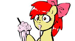 Size: 420x231 | Tagged: safe, artist:chiyoneun, imported from derpibooru, apple bloom, earth pony, pony, bow, hair bow, messy eating, milkshake, simple background, solo, white background