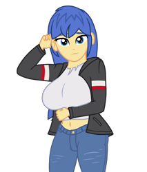 Size: 3500x4100 | Tagged: safe, artist:covight, imported from derpibooru, flash sentry, human, equestria girls, belly button, big breasts, breasts, busty flare warden, clothes, equestria guys, flare warden, humanized, jeans, pants, rule 63, simple background, solo, transparent background