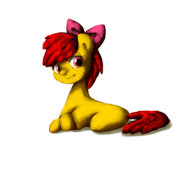 Size: 600x600 | Tagged: safe, artist:chiyoneun, imported from derpibooru, apple bloom, earth pony, pony, blank flank, bow, hair bow, lying down, simple background, solo, white background