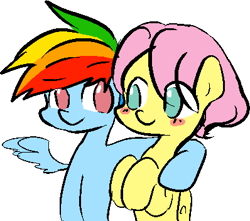 Size: 398x352 | Tagged: safe, artist:chiyoneun, imported from derpibooru, fluttershy, rainbow dash, pegasus, pony, arm around neck, blushing, butterblitz, butterscotch, female, flutterdash, gay, hoof around neck, lesbian, male, no pupils, rainbow blitz, rule 63, shipping, simple background, white background