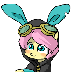 Size: 529x516 | Tagged: safe, artist:chiyoneun, imported from derpibooru, fluttershy, pony, bunny ears, bust, butterscotch, clothes, costume, dangerous mission outfit, goggles, hoodie, male, rule 63, simple background, solo, stallion, white background