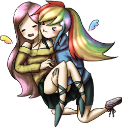 Size: 329x342 | Tagged: safe, artist:chiyoneun, imported from derpibooru, fluttershy, rainbow dash, human, :t, ><, bridal carry, carrying, clothes, cute, eyes closed, female, floating wings, flutterdash, humanized, lesbian, lifting, panties, shipping, simple background, skirt, transparent background, underwear, upskirt, wings