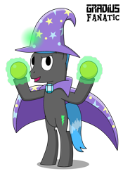 Size: 1187x1694 | Tagged: safe, artist:gradiusfanatic, imported from derpibooru, oc, oc only, oc:andy, unicorn, brooch, cape, clothes, hat, jewelry, magic, male, outfit, solo, stallion, trixie's brooch, trixie's cape, trixie's hat