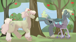 Size: 1280x712 | Tagged: safe, artist:itstechtock, imported from derpibooru, oc, oc only, oc:cloudy cortland, oc:jade lightning, earth pony, pegasus, pony, amputee, congenital amputee, female, male, mare, missing limb, offspring, parent:big macintosh, parent:marble pie, parent:sky stinger, parent:vapor trail, parents:marblemac, parents:vaporsky, stallion, tree, wheelchair
