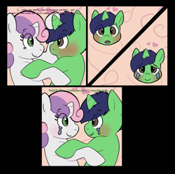 Size: 895x893 | Tagged: safe, artist:zombineko, imported from derpibooru, sweetie belle, oc, oc:swift brush, unicorn, comic:padded desperation, blushing, canon x oc, colt, crying, female, filly, heart, hoof in mane, hug, in love, looking at each other, love, male, needs more jpeg, needs more pixels, needs more resolution, oc and canon, smiling, snuggling, speech, surprised, talking, tears of joy, text, wingdings