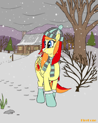 Size: 2448x3060 | Tagged: safe, artist:firepone, imported from derpibooru, oc, oc:kerosene wildfire, pegasus, pony, booties, boots, clothes, cute, fire, hat, high res, log cabin, mountain, mountain range, scarf, shoes, snow, snowfall, tree, winter