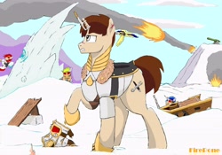 Size: 4496x3148 | Tagged: safe, artist:firepone, imported from derpibooru, oc, oc:shadow stone, pony, unicorn, armor, armored pony, bayonet, cannon, fight, fire, fireball, gun, helmet, horn bayonet, ice, snow, war, weapon