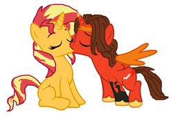 Size: 748x516 | Tagged: safe, artist:starbreaker-firewalker, imported from derpibooru, sunset shimmer, alicorn, pony, unicorn, couple, crossover, crossover shipping, duo, female, headband, kissing, love, male, my little pony, photo, rodimus, rodishimmer, shipping, sitting, straight, transformers