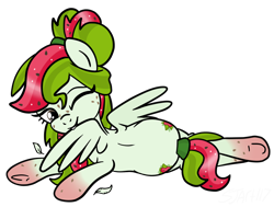 Size: 1758x1332 | Tagged: safe, artist:sjart117, imported from derpibooru, oc, oc only, oc:watermelana, pegasus, pony, back, both cutie marks, feather, female, freckles, gradient hooves, grooming, lying down, mare, pegasus oc, preenhub, preening, simple background, solo, transparent background, underhoof, wings