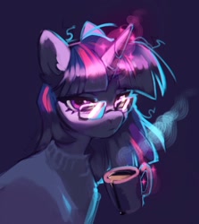 Size: 1010x1130 | Tagged: safe, artist:myscherri, imported from derpibooru, twilight sparkle, pony, unicorn, bust, clothes, female, glasses, lidded eyes, looking at you, magic, mare, mug, purple background, simple background, solo, steam, sweater, telekinesis