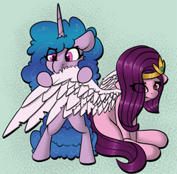 Size: 1521x1491 | Tagged: safe, artist:llametsul, imported from derpibooru, izzy moonbow, pipp petals, pegasus, pony, unicorn, annoyed, assisted preening, bipedal, duo, eye clipping through hair, feather, female, g5, grooming, mare, nom, pipp, preenhub, preening, sitting, wings