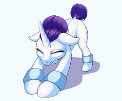 Size: 2000x1650 | Tagged: safe, artist:aquaticvibes, imported from derpibooru, rarity, pony, unicorn, alternate hairstyle, dock, eyes closed, female, floppy ears, hair bun, mare, simple background, solo, stretching, white background