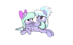 Size: 1600x1000 | Tagged: safe, artist:hsf, imported from derpibooru, cloudchaser, flitter, pegasus, pony, biting, blushing, female, grooming, looking at each other, lying down, preening, prone, siblings, simple background, sisters, tail bite, white background