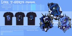 Size: 3000x1500 | Tagged: safe, artist:dormin-dim, imported from derpibooru, nightmare moon, princess luna, alicorn, pony, lunadoodle, clothes, design, luna s1, preorder, shirt, shirt design, solo, t-shirt, young luna