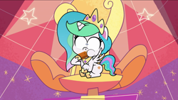 Size: 1280x720 | Tagged: safe, imported from derpibooru, screencap, princess celestia, pony, my little pony: pony life, princess probz, spoiler:pony life s01e01, cake, faic, female, food, g4.5, mare, solo