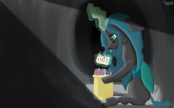 Size: 1280x792 | Tagged: safe, artist:tazool, imported from derpibooru, queen chrysalis, changeling, changeling queen, basket, crying, easter, egg, female, holiday, imprisoned, letter, sad, solo, stone