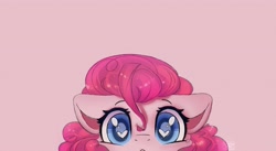Size: 3500x1919 | Tagged: safe, artist:radioaxi, artist:reterica, imported from derpibooru, pinkie pie, earth pony, pony, :o, colored pupils, cute, diapinkes, floppy ears, heart eyes, looking at you, open mouth, peeking, pink background, simple background, solo, soon, wingding eyes