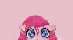 Size: 3500x1919 | Tagged: safe, alternate version, artist:radioaxi, artist:reterica, imported from derpibooru, pinkie pie, earth pony, pony, colored pupils, cute, cuteamena, diapinkes, heart eyes, looking at you, pink background, pinkamena diane pie, simple background, soon, wingding eyes