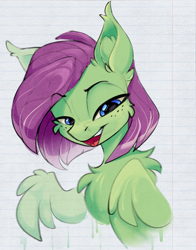 Size: 1708x2181 | Tagged: safe, artist:airfly-pony, imported from derpibooru, oc, oc only, oc:watermelon success, pegasus, pony, cheek fluff, chest fluff, ear fluff, female, fluffy, freckles, lidded eyes, lined paper, mare, open mouth, solo, traditional art, wings