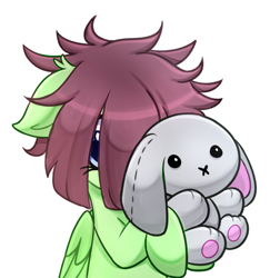 Size: 1500x1544 | Tagged: safe, artist:handgunboi, imported from derpibooru, oc, oc:watermelon success, pegasus, pony, bunny plushie, cute, female, filly, hair over eyes, hiding, ocbetes, one eye covered, plushie