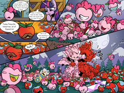 Size: 2000x1500 | Tagged: safe, artist:nancy-05, idw, imported from derpibooru, fili-second, mustachioed apple, pinkie pie, spike, twilight sparkle, night of the living apples, spoiler:comic, spoiler:comic32, apple, apple pinkie, apple soldier, bad apple, binoculars, blushing, clone, comic, exclamation point, face mask, fight, food, implied mirror pool, implied transformation, living apple, mask, multeity, night, party cannon, pinkie clone, power ponies, species swap, spider-man, tongue out, too much pink energy is dangerous, x eyes