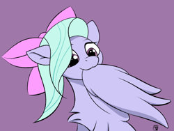Size: 1100x825 | Tagged: safe, artist:naen, imported from derpibooru, flitter, pegasus, pony, bow, chest fluff, female, grooming, mare, preening, purple background, simple background, solo