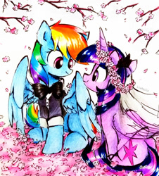 Size: 849x941 | Tagged: safe, artist:liaaqila, imported from derpibooru, rainbow dash, twilight sparkle, alicorn, pegasus, pony, cherry blossoms, clothes, duo, female, floral head wreath, flower, flower blossom, lesbian, looking at each other, mare, marriage, shipping, smiling, smiling at each other, suit, traditional art, tuxedo, twidash, twilight sparkle (alicorn), wedding