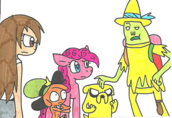 Size: 1024x702 | Tagged: safe, artist:cmara, imported from derpibooru, pinkie pie, adventure time, crossover, jake the dog, magic man, protecting, simple background, wander (wander over yonder), wander over yonder