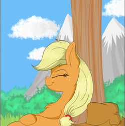 Size: 671x673 | Tagged: safe, artist:joaothejohn, imported from derpibooru, applejack, earth pony, pony, applejack's hat, cloud, cowboy hat, eyes closed, female, freckles, hat, mare, mountain, sleeping, smiling, solo, tree