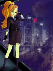 Size: 1800x2415 | Tagged: safe, artist:kuya64, imported from derpibooru, adagio dazzle, human, equestria girls, building, clothes, dress, painted nails, reflection, skyline, smiling, solo, standing, window