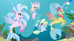 Size: 1024x577 | Tagged: safe, artist:velveagicsentryyt, imported from derpibooru, princess skystar, silverstream, oc, oc:flitter feathers, oc:ocean, hippogriffon, hybrid, seapony (g4), my little pony: the movie, bubble, deviantart watermark, female, fin wings, fins, fish tail, interspecies offspring, jewelry, necklace, obtrusive watermark, ocean, offspring, older, older skystar, parent:gallus, parent:silverstream, parents:gallstream, tail, treasure chest, underwater, water, watermark, wings