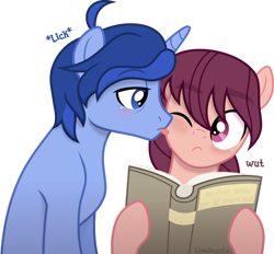 Size: 1920x1785 | Tagged: safe, artist:limedazzle, imported from derpibooru, oc, oc only, oc:allen, oc:james, pony, book, licking, male, simple background, stallion, tongue out, transparent background