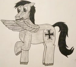 Size: 1872x1651 | Tagged: safe, artist:überreaktor, imported from derpibooru, oc, oc only, oc:iron cross, pegasus, pony, april fools 2021, extended wing, grooming, preening, raised hoof, reichsadler wings, solo, traditional art, unshorn fetlocks