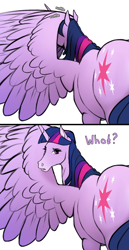 Size: 842x1637 | Tagged: safe, artist:mercurial64, derpibooru exclusive, imported from derpibooru, twilight sparkle, alicorn, pony, cropped, dialogue, female, grooming, hoers, looking at you, looking back, looking back at you, mare, onomatopoeia, preening, simple background, solo, twilight sparkle (alicorn), white background