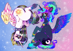 Size: 675x469 | Tagged: artist needed, safe, artist:njeekyo, imported from derpibooru, princess celestia, princess luna, alicorn, between dark and dawn, 80s, 80s princess luna, collar, color porn, female, hair dye, punklestia, royal sisters, siblings, sisters, sitting, smiling, spiked collar