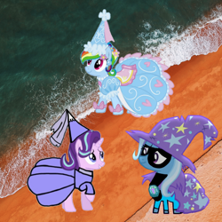 Size: 1080x1080 | Tagged: safe, artist:ashertristaxx12, imported from derpibooru, rainbow dash, starlight glimmer, trixie, accessory swap, beach, cape, clothes, costume, costume party, dress, dressup, froufrou glittery lacy outfit, happy, hat, having fun, hennin, looking at each other, looking at someone, looking up, mask, played, playful, playing, princess, princess hat, smiling, smiling at each other, the great and powerful, the incredibles