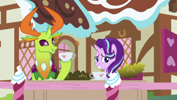 Size: 1920x1080 | Tagged: safe, imported from derpibooru, screencap, starlight glimmer, thorax, changedling, changeling, pony, unicorn, triple threat, cup, female, graveyard of comments, grin, king thorax, male, mare, smiling, teacup