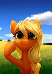 Size: 2894x4093 | Tagged: safe, artist:vensual99, imported from derpibooru, applejack, earth pony, pony, blurred background, blurry background, bust, cloud, cute, female, freckles, hatless, high res, jackabetes, looking at you, mare, missing accessory, sky, solo, straw in mouth