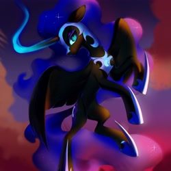 Size: 4093x4093 | Tagged: safe, artist:vensual99, imported from derpibooru, nightmare moon, alicorn, pony, absurd resolution, chest fluff, ethereal mane, female, flying, glowing horn, horn, mare, profile, slit eyes, slit pupils, solo, spread wings, starry mane, wings